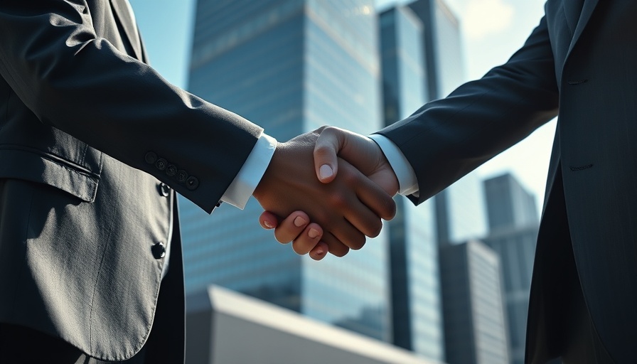 Handshake between professionals in front of skyscrapers, symbolizing the automotive advisory board partnership.