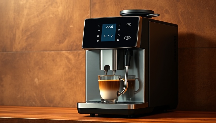 Automated espresso machine brewing coffee on a textured background.