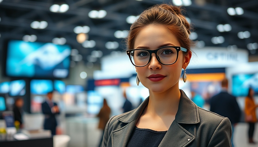 Woman wearing AI smart glasses at an exhibition