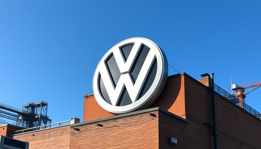 Volkswagen logo on factory building, blue sky backdrop.