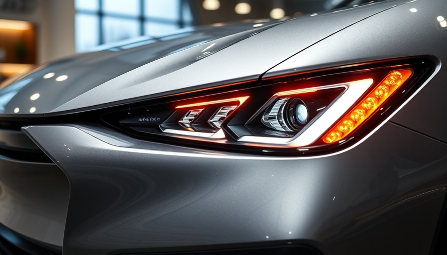 Futuristic car with heated headlights in showroom.