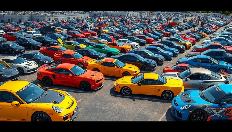Tokyo Auto Salon parking with diverse cars in sunlight.