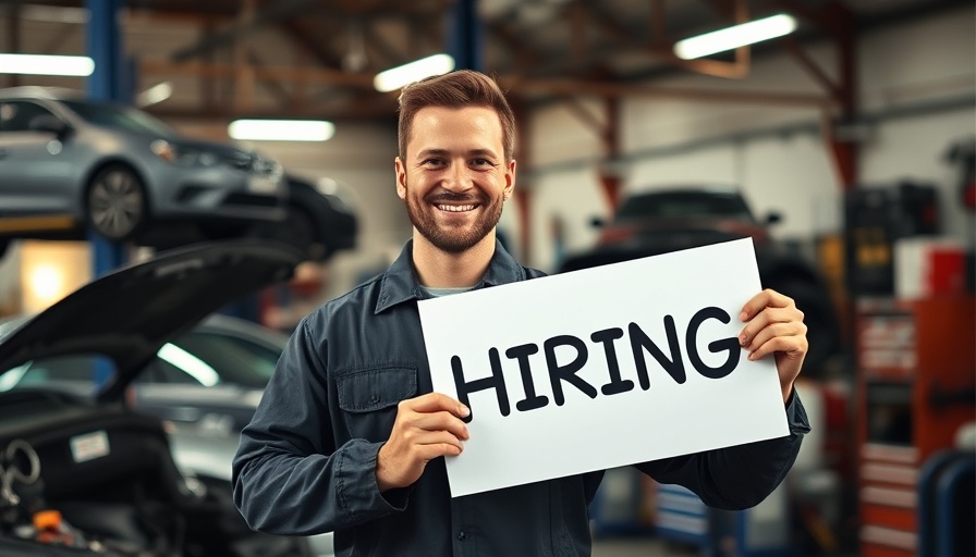 Auto technician holding hiring sign in a garage, highlighting shortage.