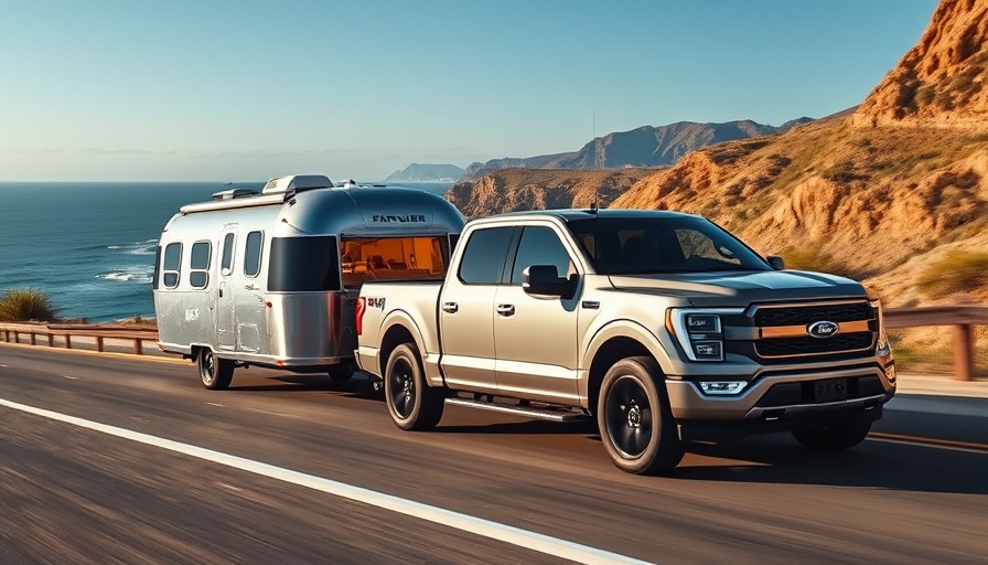 Ford F-150 Lightning 2025 towing trailer on scenic coastal highway.
