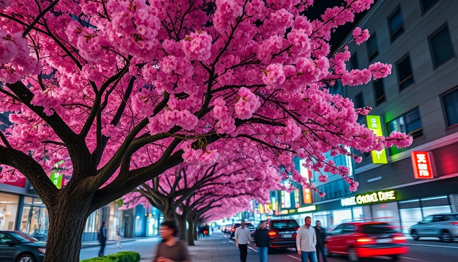 Cherry blossom cityscape at night with vibrant light trails, Hitachi leadership