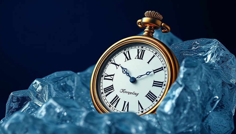 Antique pocket watch encased in ice against a blue background, luxury industry theme.