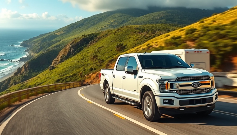 Ford F-150 Lightning towing a trailer on a coastal highway