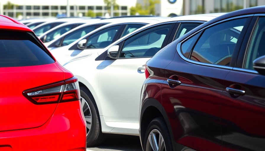 Row of cars showcasing auto refinancing trends in a dealership parking lot.