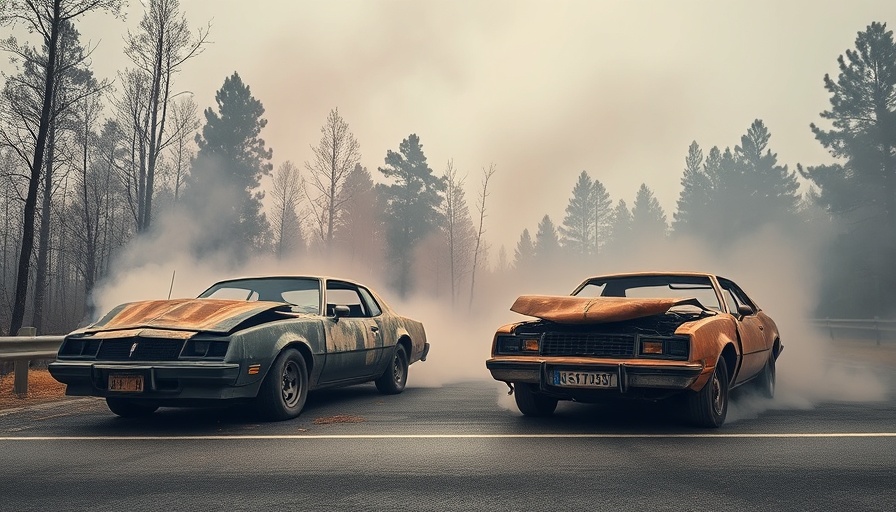 Wildfire aftermath with smoky air and damaged cars