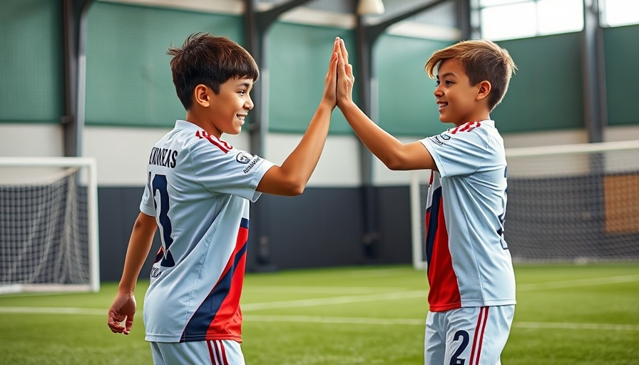 Young soccer players showing teamwork in sponsored uniforms