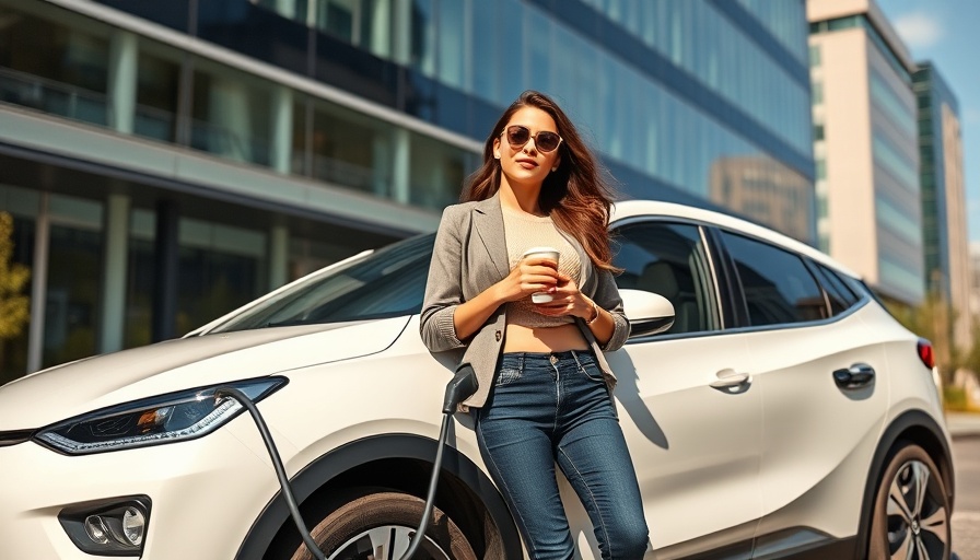 Casual woman and electric vehicle in urban setting highlighting EV merchandising.