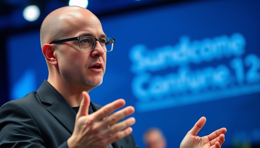 Man discussing technology at a conference, Microsoft AI