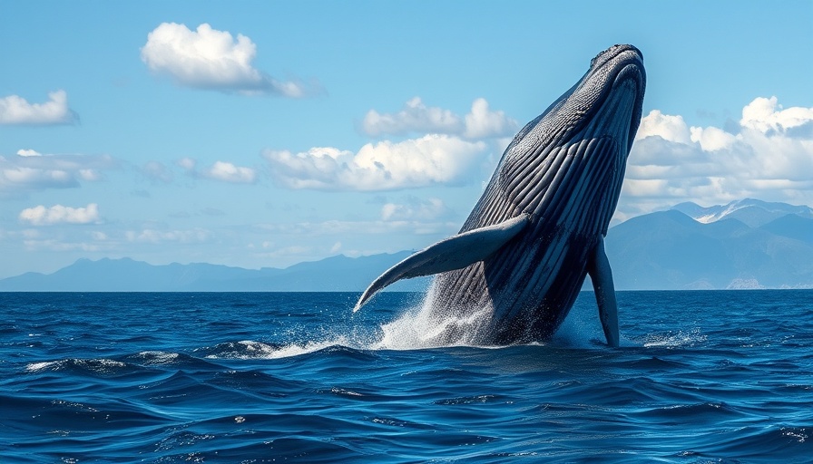 Gray whale breaching during migration with a scenic background