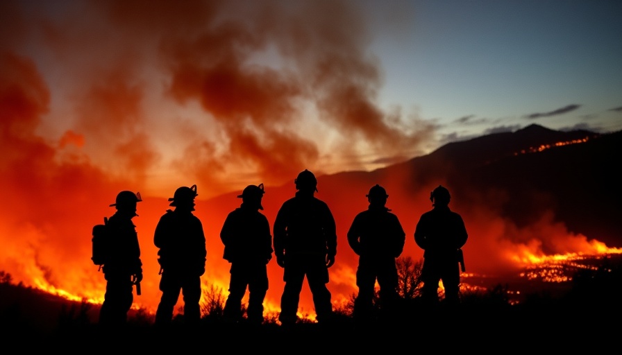 Silhouetted firefighters against wildfire; extremist manipulation context.