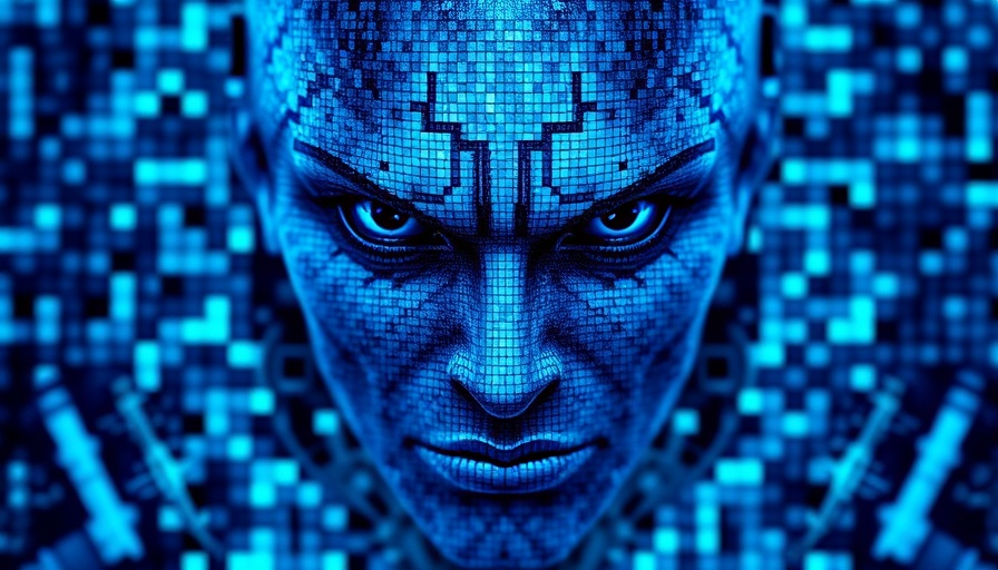 AI concept with a pixelated blue face in digital mosaic.