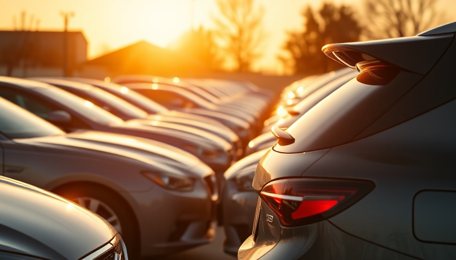 Line of shiny cars in sunset lighting in a parking lot