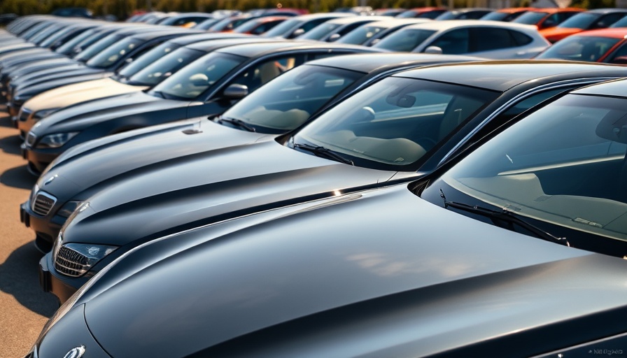 Line of parked cars in various colors at an auto dealership.