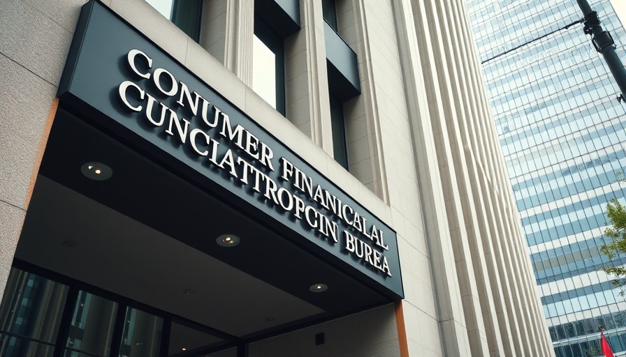 CFPB building facade with bold signage, low-angle view.