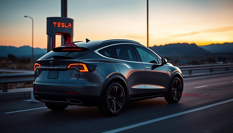 Tesla Supercharger access with electric SUV at station during twilight.