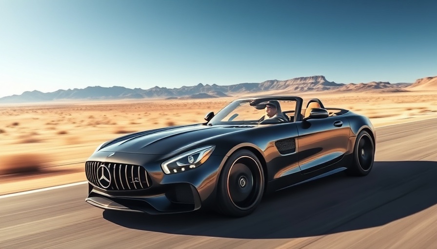 Mercedes-AMG GT Coupe speeding through desert landscape under blue sky.