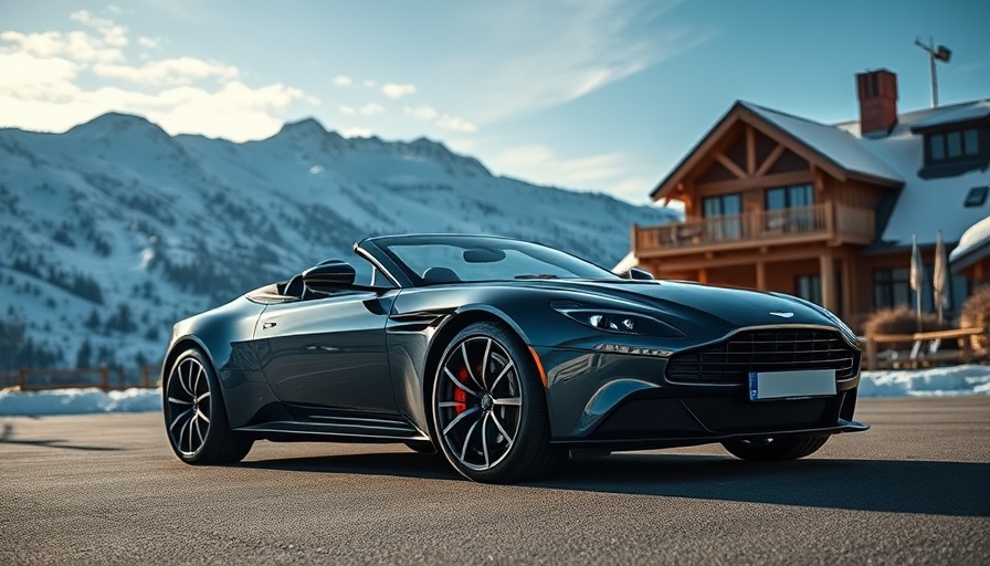 Sleek Aston Martin Vantage Roadster parked by mountain lodge.