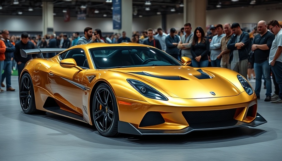 Tokyo Auto Salon display with sleek golden sports car.
