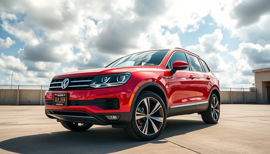 Red Volkswagen SUV showcasing design in sunny outdoor setting.