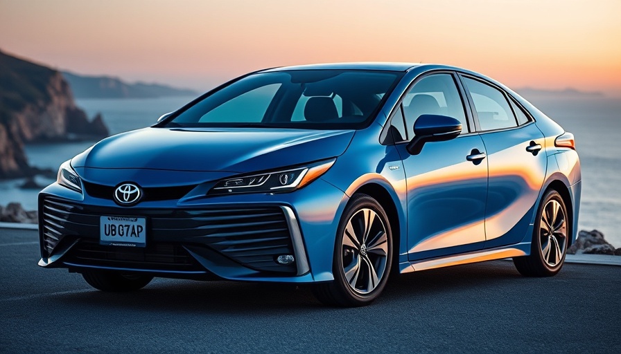 Sleek blue Toyota Mirai at a coastal cliffside during sunset.