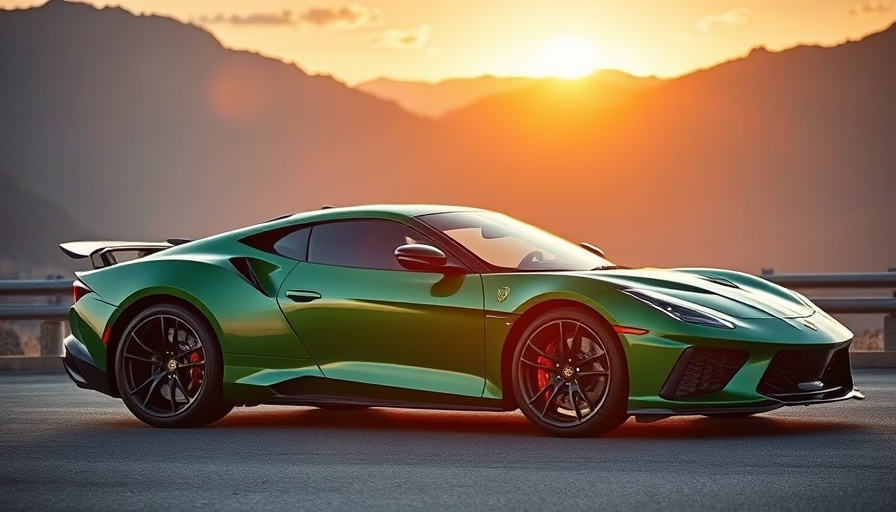 Luxury sports car sale in scenic mountain setting at sunset.