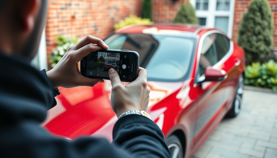 Person using trade-in valuation tool on a red car with smartphone.