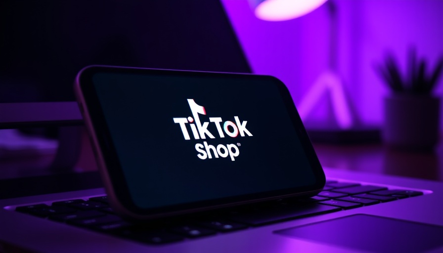 Smartphone with TikTok Shop logo on laptop keyboard, purple lighting.