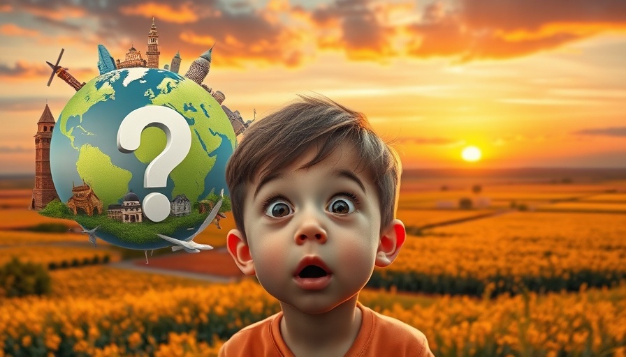 Curious boy and globe with landmarks, climate action theme.