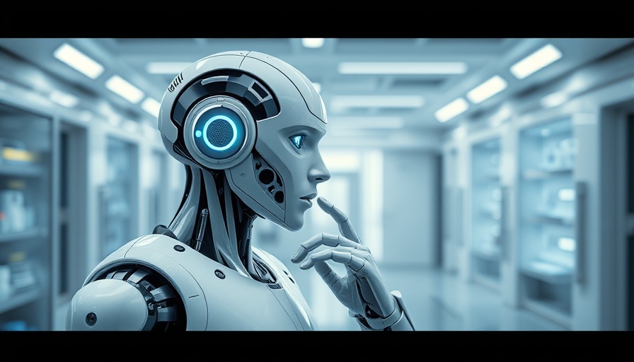 AI Adoption: Futuristic humanoid robot in modern lab.