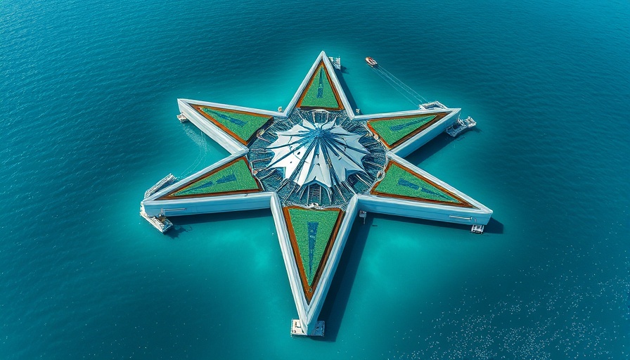 Aerial view of star-shaped marine ranching structure in ocean.