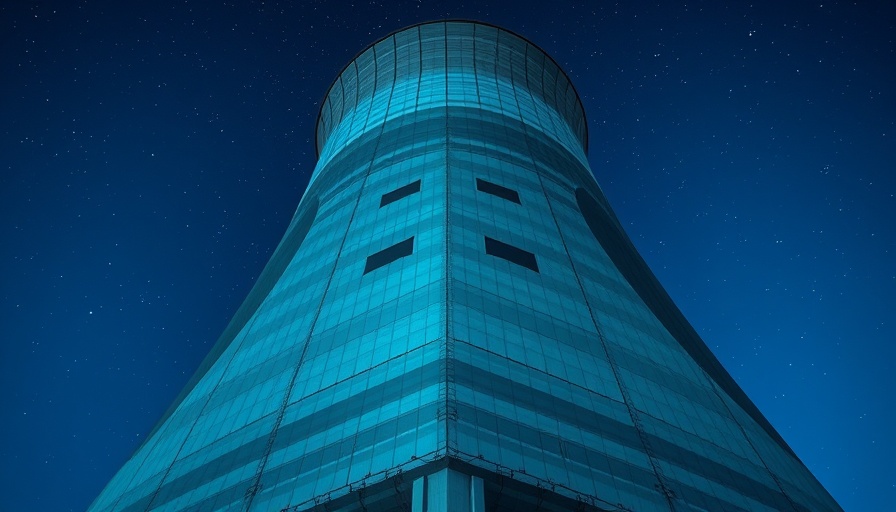 Imposing nuclear cooling tower under a starry sky.