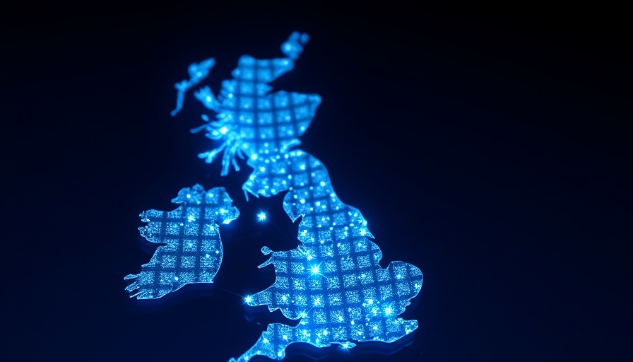 Futuristic UK climate tech map with glowing points.