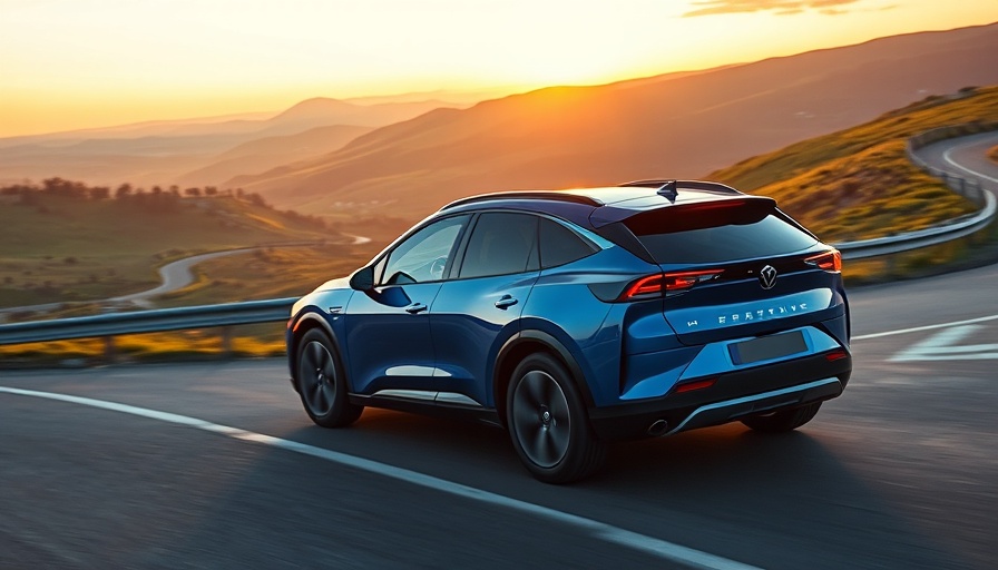 Blue electric SUV driving on a road at sunset, highlighting Kia EVs.