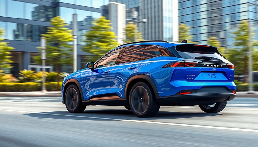 Electric SUV on city street near synthetic graphite plant.
