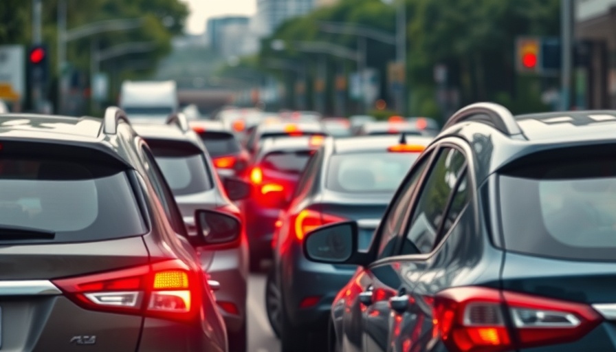Traffic jam with brake lights during loan processing commute.