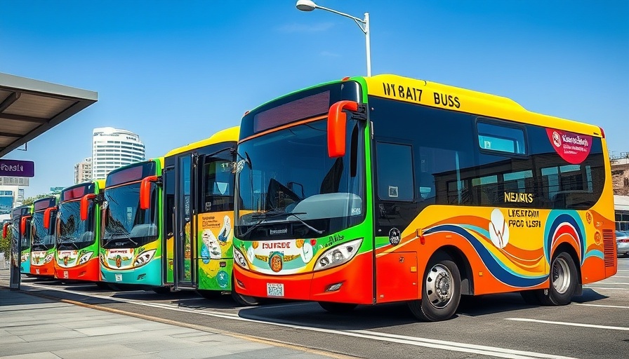 Decorated city buses at a charging station showcasing wireless charging.