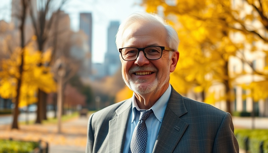 Smiling older man in gray suit in autumn park, NPDA leadership.