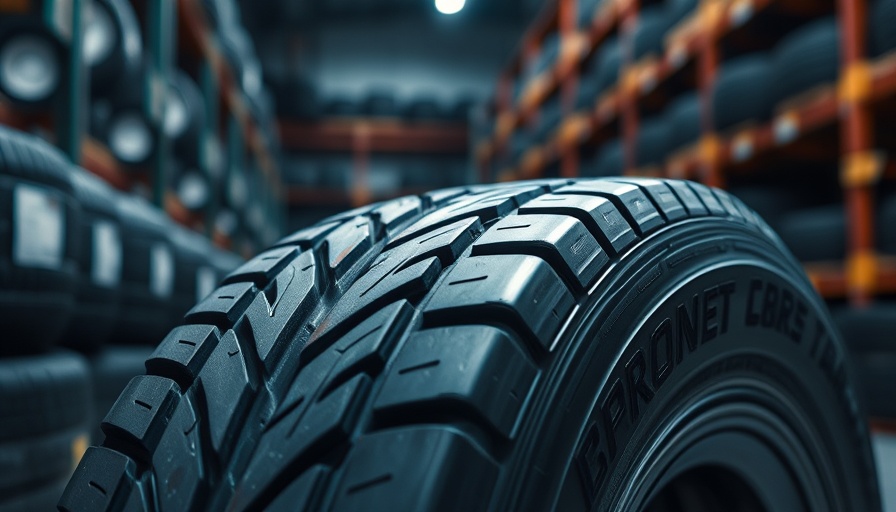 Close-up of tire tread in warehouse for tire sales certification.