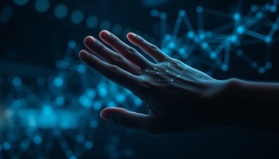 Futuristic hand projecting AI models digital network with blue lighting.