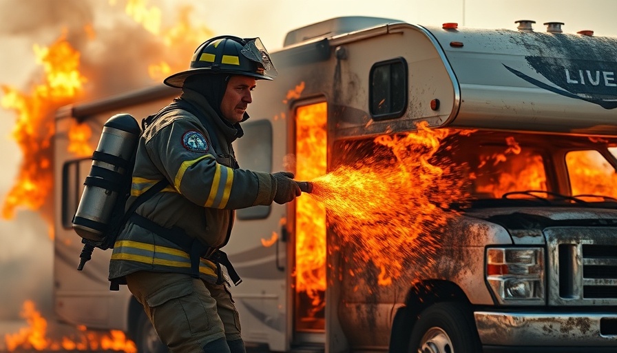 Firefighter tackles RV damage fire with hose, battling flames.