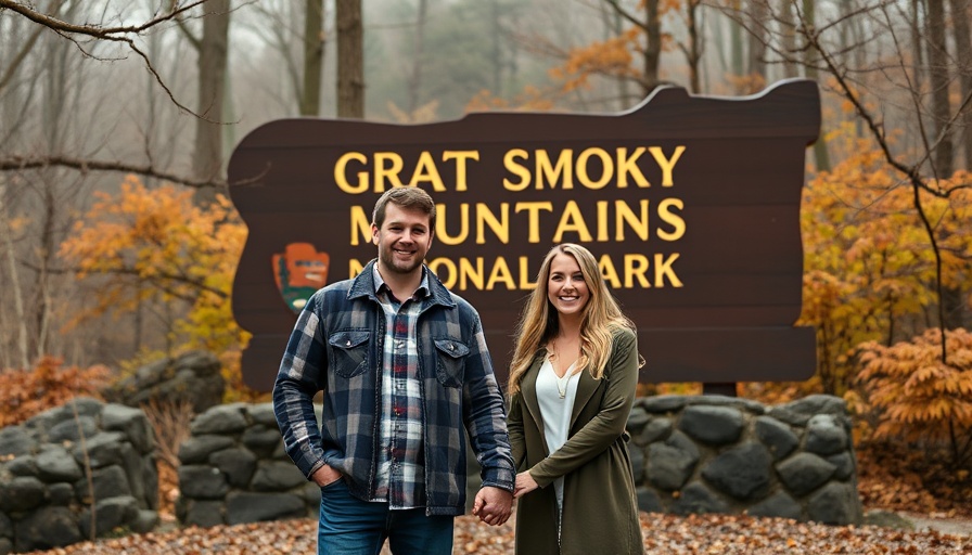 Couple at Great Smoky Mountains National Park sign, autumn forest scene.