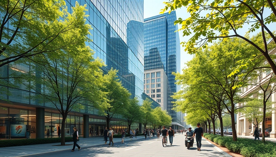 Urban scene near Xiaohongshu office with modern glass buildings.