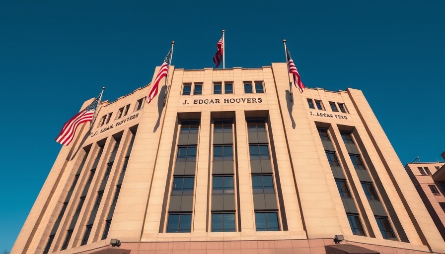J. Edgar Hoover FBI Building with American flags, AT&T breach context.