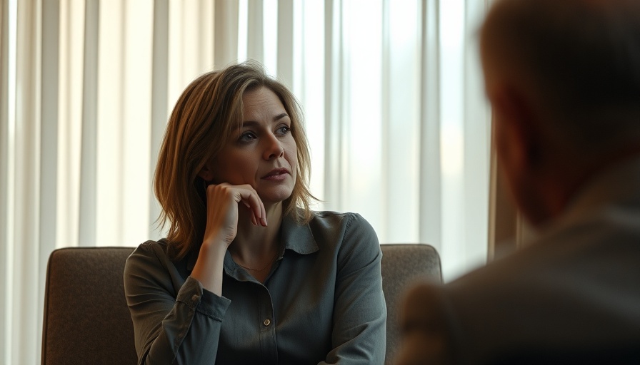 Pensive woman in thoughtful conversation, indoor setting.