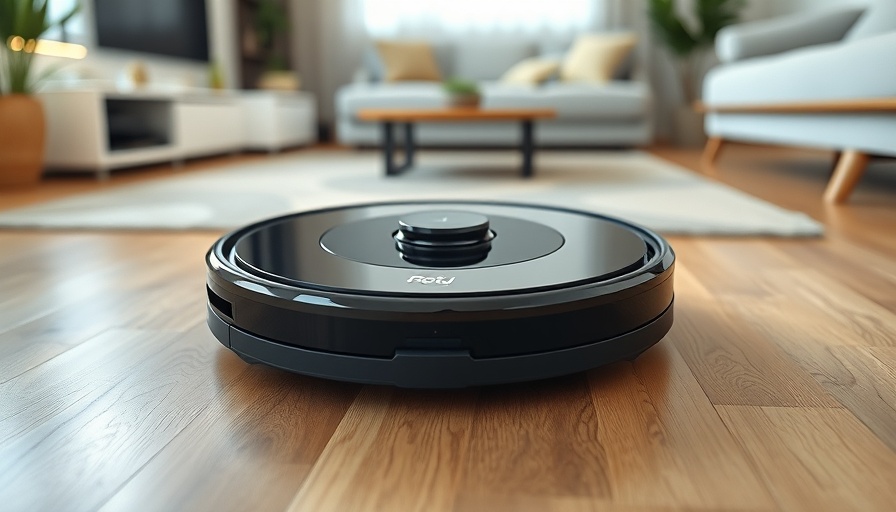 Sleek black robot vacuum cleaning wooden floor, modern home.