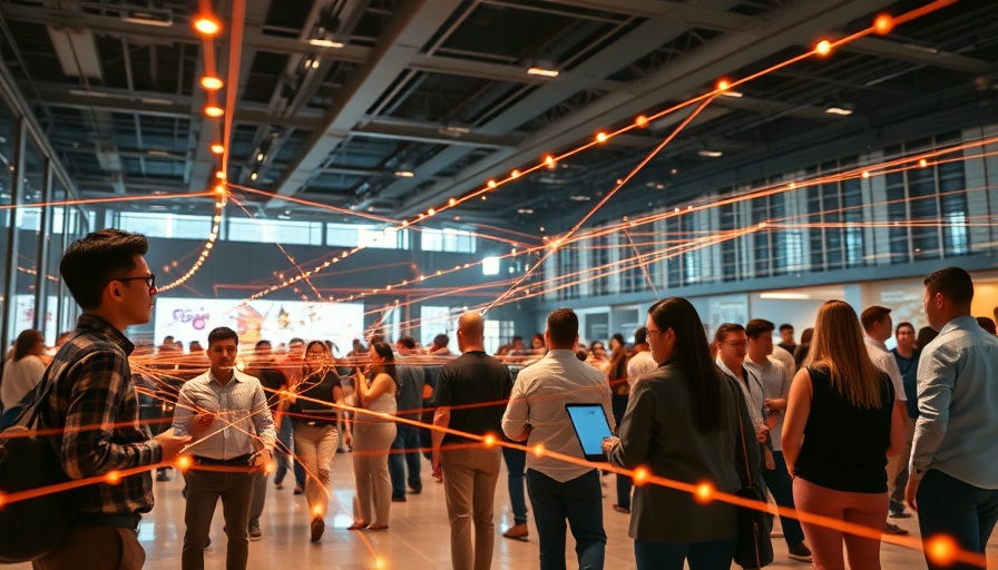 Futuristic AI upskilling environment with digital lines and people.